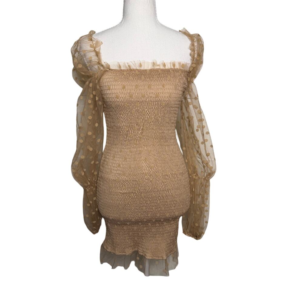 O.Vianca Tan Smocked Mini Dress Sheer Polka Dot Puff Sleeve Square Neck